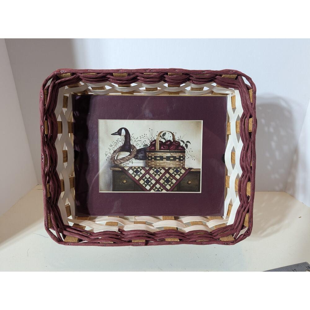 Primitive Matted Print Goose w/Apples Wall Hanging Basket